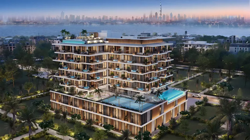 Luxury waterfront residential development in Dubai with rooftop pool and skyline views.