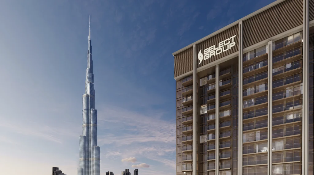Burj Khalifa view with luxury residential building in Downtown Dubai real estate district.