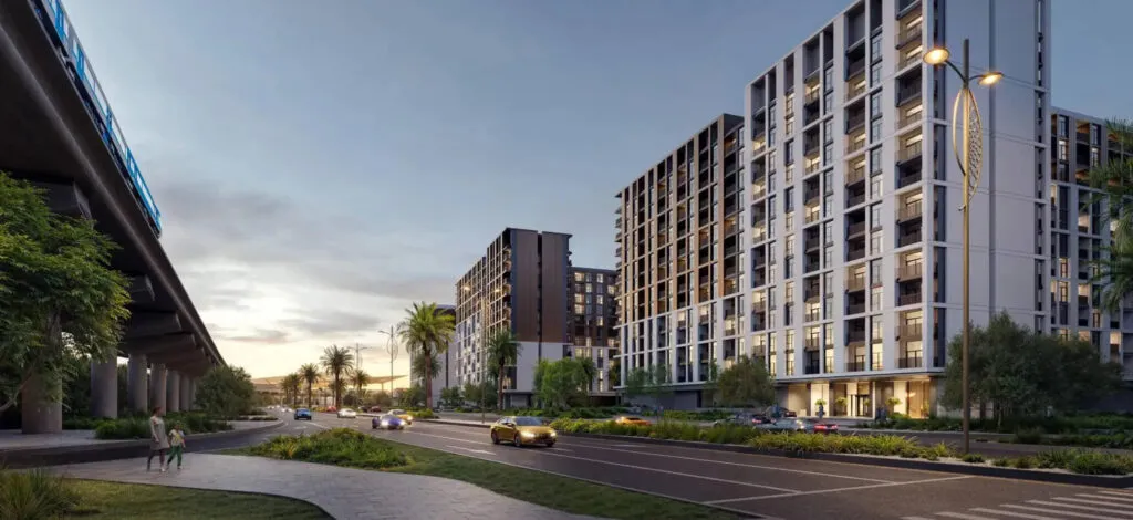 Modern Dubai residential buildings near metro infrastructure presented at Dubai Property Expo Adelaide 2026.