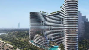 Luxury curved residential tower development in Dubai highlighting opportunities to buy property in Dubai from Australia.