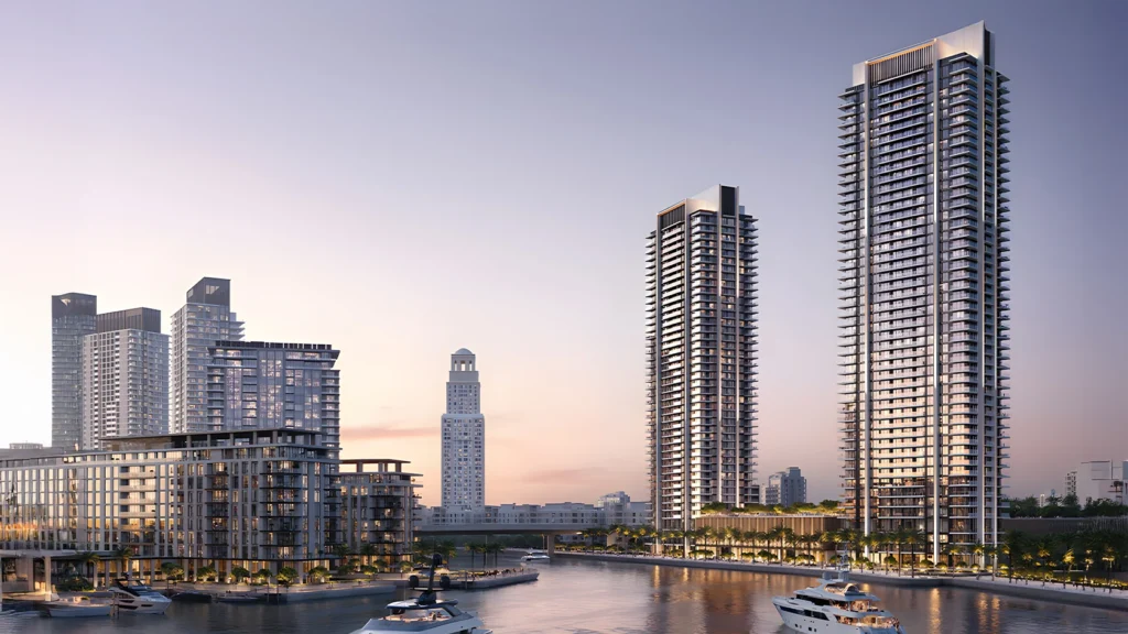 Dubai waterfront skyline with luxury residential towers highlighting opportunities to buy property in Dubai from Australia.